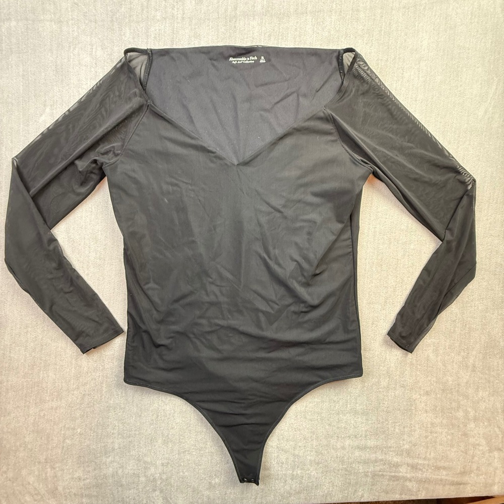Abercrombie‎ & Fitch Soft A&F Collection Black Mesh Sleeve V-Neck Bodysuit XL